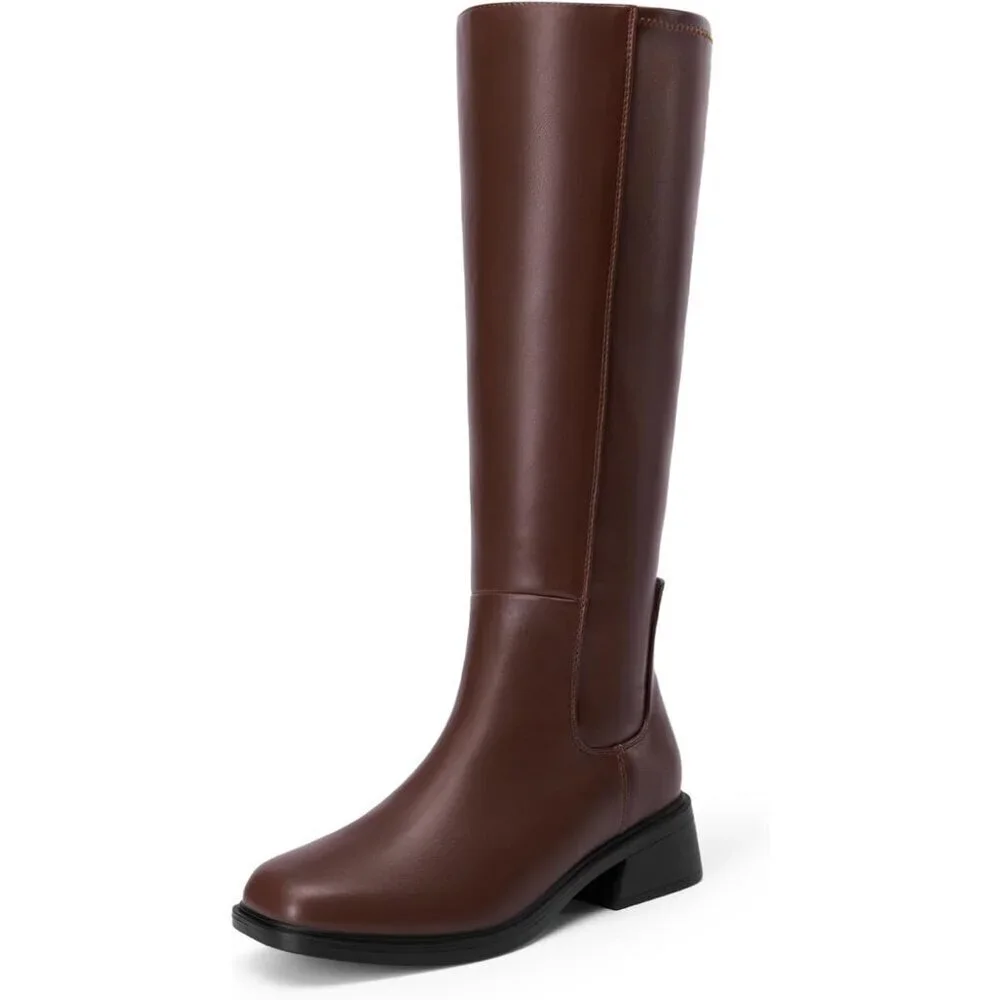 Women's Brown Block Heel Casual Long Knee High Boots Side Zipper Faux Leather